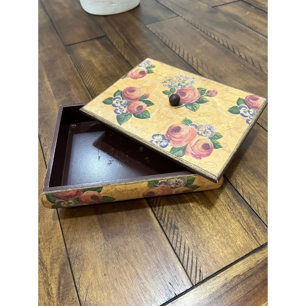 Decoline Floral Jewelry Box Unisex Medium Multicolor Good Vintage Decoupage Wood